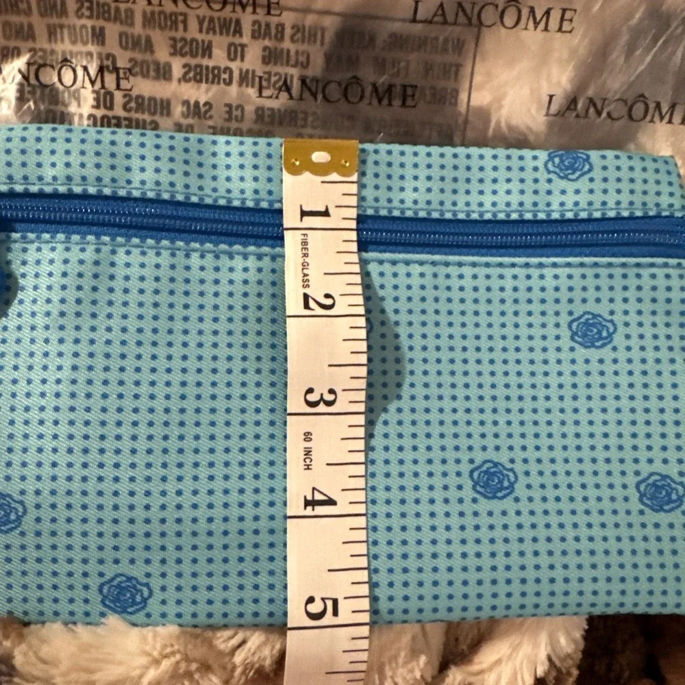 Lancome Cosmetic Makeup Bag - Teal with Blue Polka Dot & Flower Design - New